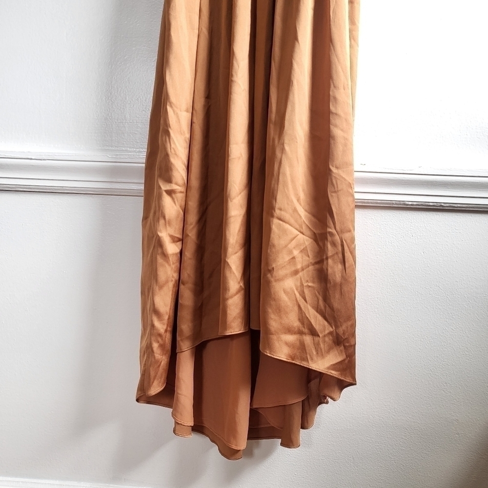 New Ramy Brook Belle Halter Neck Sleeveless Smocked Light Cognac Midi Dress Sz M - Picture 8 of 12